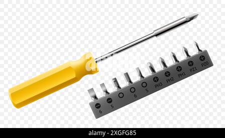 Phillips screwdriver with set of metal bits for screwdriver isolated on white background. Bits for bolts and screws. Bits for electric drill or cordle Stock Vector