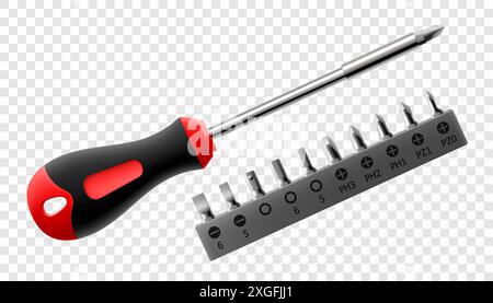 Phillips screwdriver with set of metal bits for screwdriver isolated on white background. Bits for bolts and screws. Bits for electric drill or cordle Stock Vector
