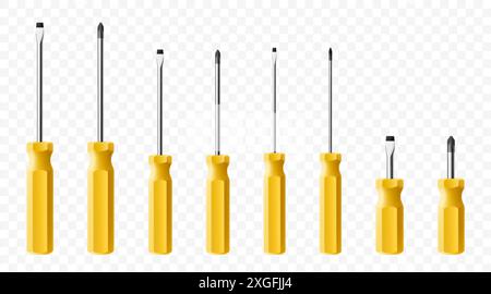 Set of screwdrivers isolated on transparent background. Yellow long and short screwdrivers. Metal tool for Home Repairs and Mechanical Work. Realistic Stock Vector