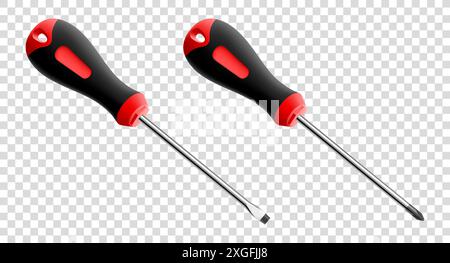 Flathead screwdriver and phillips screwdriver isolated on transparent background. Black and red long screwdrivers. Metal tool for Home Repairs and Mec Stock Vector