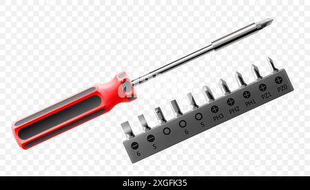 Phillips screwdriver with set of metal bits for screwdriver isolated on white background. Bits for bolts and screws. Bits for electric drill or cordle Stock Vector