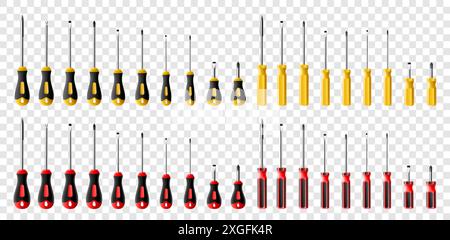 Big set of screwdrivers isolated on transparent background. Black and red long and short screwdrivers. Metal tool for Home Repairs and Mechanical Work Stock Vector