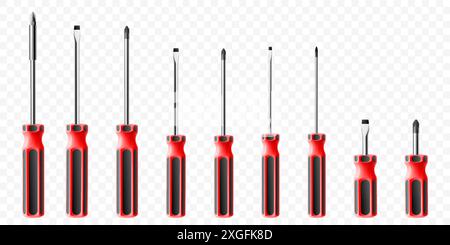 Set of screwdrivers isolated on transparent background. Black and red long and short screwdrivers. Metal tool for Home Repairs and Mechanical Work. Re Stock Vector