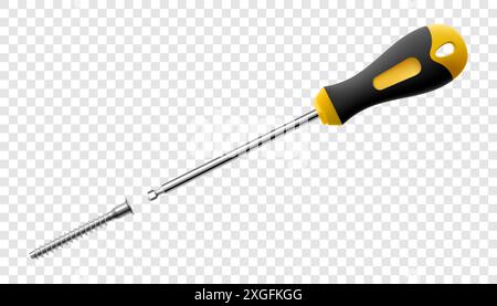 Screwdriver with bolt isolated on transparent background. Black and yellow long screwdrivers. Metal tool for Home Repairs and Mechanical Work. Realist Stock Vector