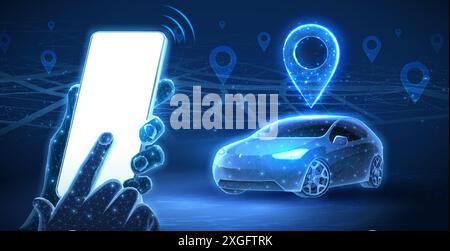 Smart car and phone in hands with blank screen. Parking application, Car sharing Stock Vector