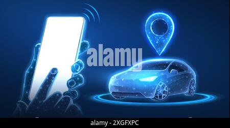 Phone in hands with blank screen and digital car. Parking application, Car sharing, Uber service Stock Vector