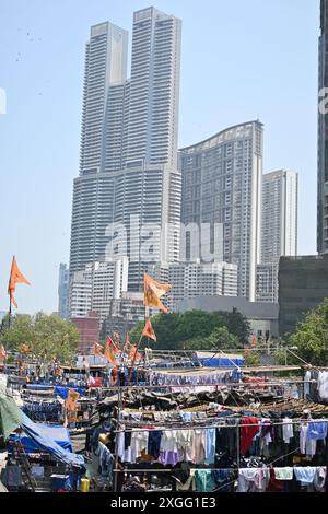 Mumbai, India - April 15, 2024: Dhobi Ghat, is an open air laundry place near by Mahalaxmi railway station in Mumbai, Maharashtra, India Stock Photo