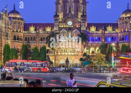 Mumbai, India - April 15, 2024: Chhatrapati Shivaji Terminus at sunset. Chhatrapati Shivaji Terminus (CST) is a UNESCO World Heritage Site and an hist Stock Photo