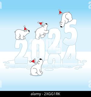 Four Cute Polar Bears wearing Santa Hats balancing on Changing New Year 2024-2025 Ice Sculpture with reflections in a Melting Cold Puddle Stock Vector