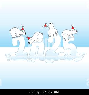 Four Cute Polar Bears wearing Santa Hats Balancing on Melting New Year 2025 Ice Sculptures with reflections in an Cold Puddle Stock Vector