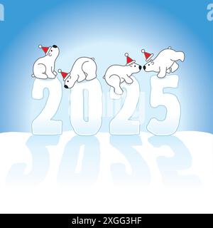 Four Cute Polar Bears Wearing Santa Hats Balancing on Frozen New Year 2025 Ice Sculpture on Snow with Blue Background Stock Vector