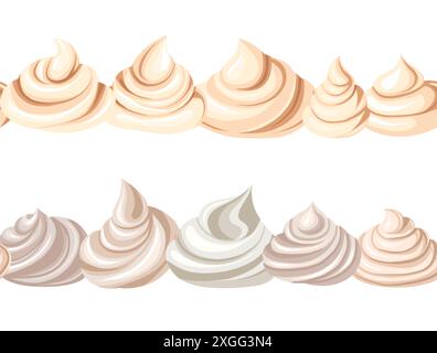 Vector set of seamless horizontal borders with cartoon meringues and creams isolated from background. Collection of friezes with sweet mousses. Frames Stock Vector
