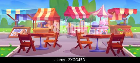 Street food stalls in summer city park. Vector cartoon illustration of outdoor booth selling seafood, coffee, hot dogs, candy floss, fruit and vegetables, wooden tables and chairs on lane, green trees Stock Vector