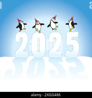 Four Happy Penguins Wearing Santa Hats Dancing on top of Year 2025 Ice Sculpture on Snow with Blue Horizon Stock Vector