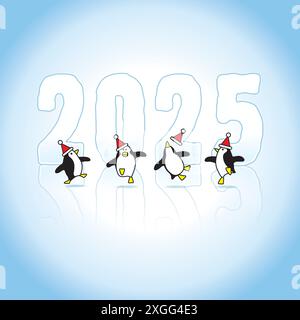 Four Happy Penguins Wearing Santa Hats Dancing in front of Frozen Year 2025 Ice Sculpture Stock Vector