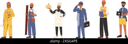 Set of people in different professions. Fireman, builder, pastry chef, pilot, engineer, programmer. Vector illustration. Stock Vector