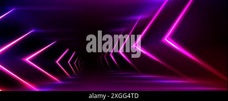 Neon light tunnel perspective. Vector realistic illustration of dark hall with triangular shape geometric lamps, purple and pink color illumination glowing in dark corridor, futuristic virtual portal Stock Vector