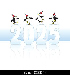 Four Happy Penguins Wearing Santa Hats Dancing on top of Year 2025 Ice Sculpture Stock Vector