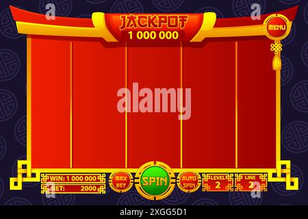 Casino slot machine game UI design, gambling mobile app concept for the Chinese themed Casino Game. UI with basic buttons for your designs Stock Vector