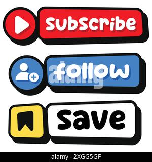 Follow, subscribe, save button icon set isolated on white background. Social media elements Stock Vector