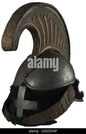 An Italian cuirassier or dragoon helmet, Metal body with gold trim, black bear fur band, gold decorated comb, PROPERTY-RELEASED Stock Photo