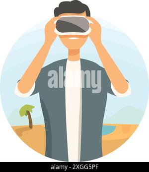 Virtual augmented reality travel concept with young man experiencing virtual travel to exotic country Stock Vector