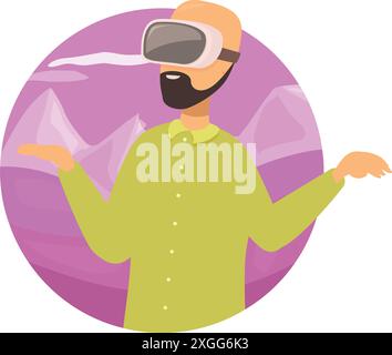Programmer wearing vr headset experiencing virtual reality simulation, gesturing with his hands Stock Vector