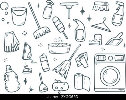 Cleaning ink doodle sketch style set. Hand drawn icons of home cleaning items and products. Simple line clip art illustration of hygiene and cleaning, Stock Vector