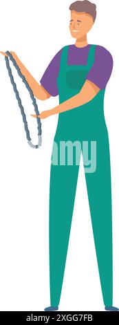 Service worker is carefully holding a chainsaw chain, preparing for maintenance or replacement Stock Vector