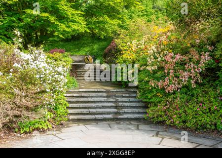 Swan Fountain sculpture by Willi Soukop, 1950, in garden, Dartington Hall estate gardens, south Devon, England, United Kingdom, Europe Stock Photo