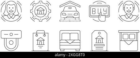 Real estate agency customer realtor technology garage car thin line art icons set vector illustration. Property sale rent buy company label pictogram Stock Vector