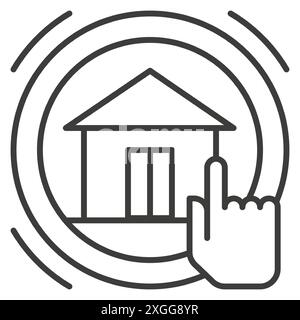 Choice purchase real estate user interface internet app thin line art icon vector illustration. House cottage selection and search with hand cursor bu Stock Vector