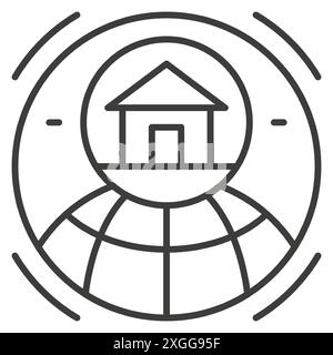 Real estate global international agency thin line art icon vector illustration. Property house cottage residential apartment globe sale rent buy compa Stock Vector