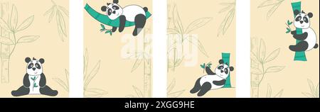 Set of flyers about panda with bamboo. Cute baby character, template bundle for cards, flyers, invitations, advertising and other designs, vector Stock Vector
