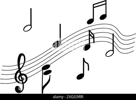 Notes, treble clef, melody. Vector illustration. All objects are drawn in vector in black. Suitable for printing on posters, invitations, cards, ticke Stock Vector