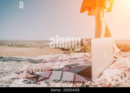 Laptop and Blanket on a Mountaintop Stock Photo