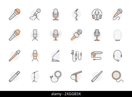 Mic flat line icons set. Podcast mike, journalist microphone, karaoke, conference, windscreen, retro radio vector illustration. Outline pictogram for Stock Vector
