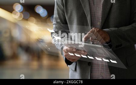 Businesswoman work on clicking on document icon using tablet document management database stock market statistics Stock Photo