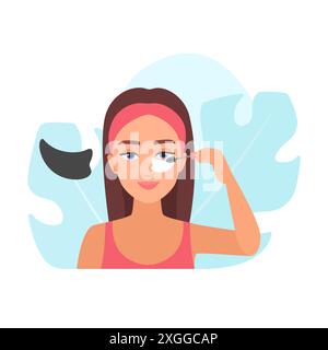 Woman putting mascara on eyelashes, protecting skin under eyes with patch application vector illustration Stock Vector