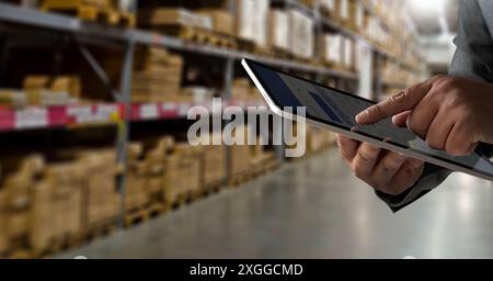 Businessman use smart tablet loading documents online Spreadsheet document financial data and graphs in spreadsheet documents for online analysis Stock Photo