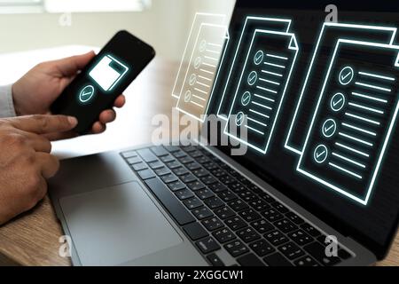 Document management Businessmen check electronic documents on digital tablet online documentation database Stock Photo