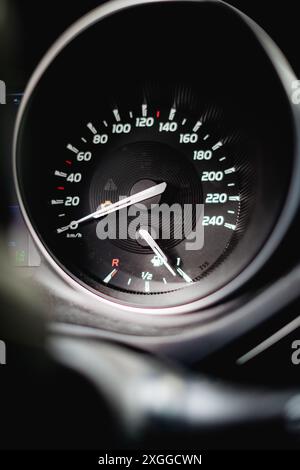 speedometer, tacho, car, fuel gauge, vehicle, steering wheel, display, speed, car speedometer, lamp, car display, lamp, light, engine Stock Photo