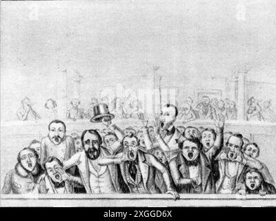 theatre / theater, audience, viewers slamming play, Berlin, drawing, mid 19th century, ARTIST'S COPYRIGHT HAS NOT TO BE CLEARED Stock Photo