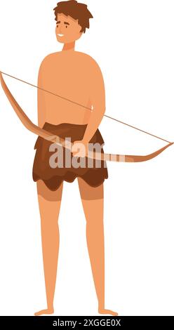 Smiling primitive man wearing animal skin is holding a bow and arrow Stock Vector