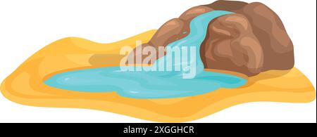 Illustration featuring a small waterfall flowing from stones, creating a pond in the dry desert sand Stock Vector