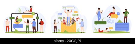 Online communication via text and voice messages set. Tiny people talk with speech bubbles in chat, record voicemail for conversation, send SMS to contact on tablet screen cartoon vector illustration Stock Vector