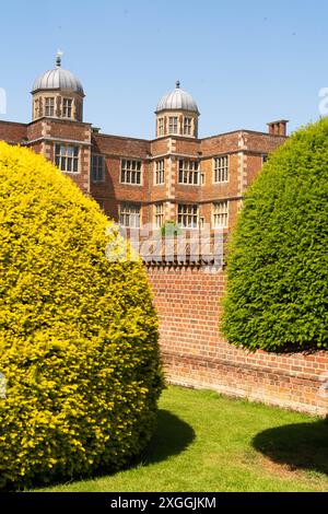 Doddington Hall Lincolnshire, growing sweet peas, fragrance, Victorian garden, trellis, wigwam shaped, poles tied together, binding with string climb. Stock Photo