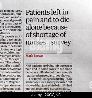 'Patients left in pain and to die alone because of shortage of nurses - survey' Guardian newspaper headline article 1 July 2024 London England UK Stock Photo