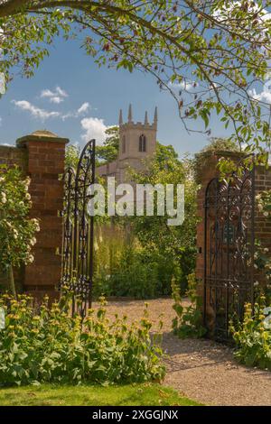 Doddington Hall Lincolnshire, growing sweet peas, fragrance, Victorian garden, trellis, wigwam shaped, poles tied together, binding with string climb. Stock Photo