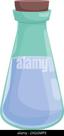 Glass flask is containing a blue potion and closed with a cork stopper Stock Vector
